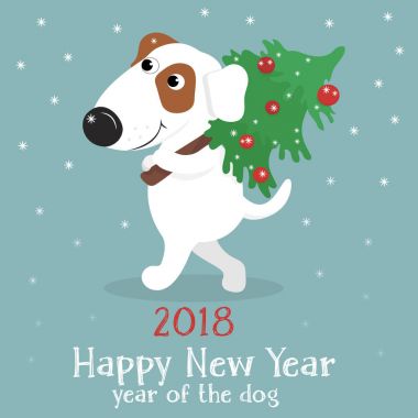 Noel kartı ile sevimli çizgi köpek Noel ağacı ile.