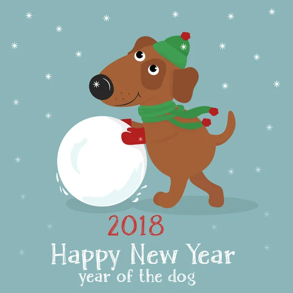 Kerstkaart met schattige hond in muts en sjaal met sneeuwbal. — Stockvector