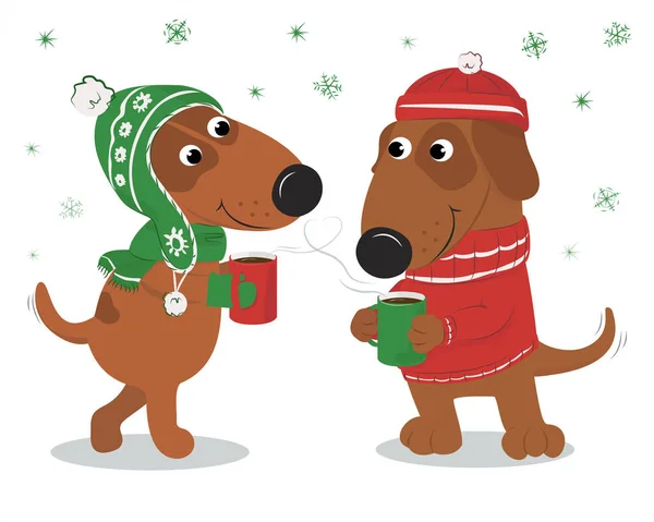 Sweet, loving dogs in hats and sweater and coffee. — Stock Vector