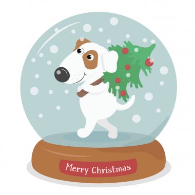 Kar küresi kar taneleri ile ağacında neşeli Noel köpekle