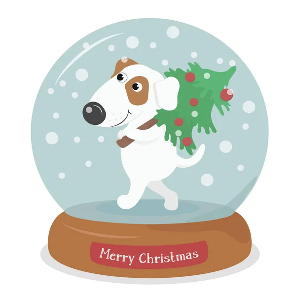 Kar küresi kar taneleri ile ağacında neşeli Noel köpekle