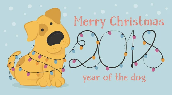 Kartki świąteczne z kreskówki żółty pies i Christmas lights. — Wektor stockowy