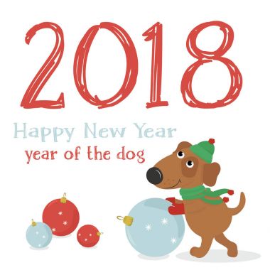 Noel kartı ile şapka ve Noel topları komik köpek.