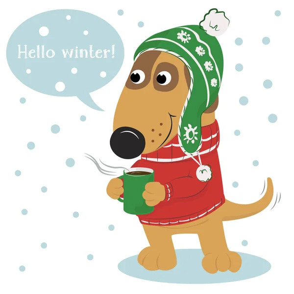 Lindo perro de dibujos animados en una gorra y suéter y café . — Vector de stock