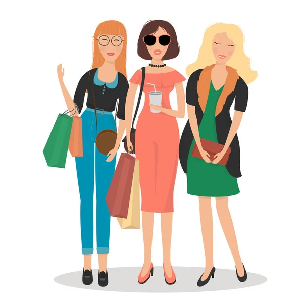 Donne in abbigliamento alla moda e shopping . — Vettoriale Stock