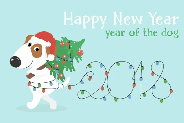 Biglietto natalizio con cartoni animati cane bianco e luci natalizie . — Vettoriale Stock