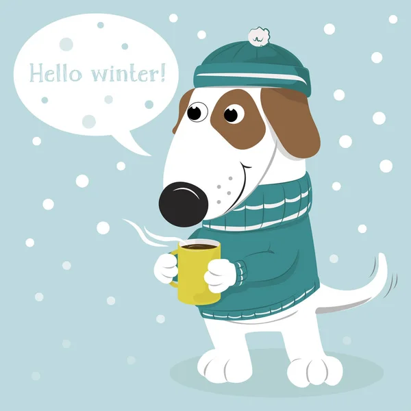 Cão de desenho animado bonito em um boné e suéter e café . — Vetor de Stock