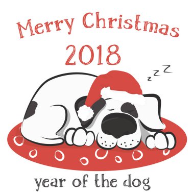 Köpek Noel Baba şapkası yastık üzerinde uyuyor.