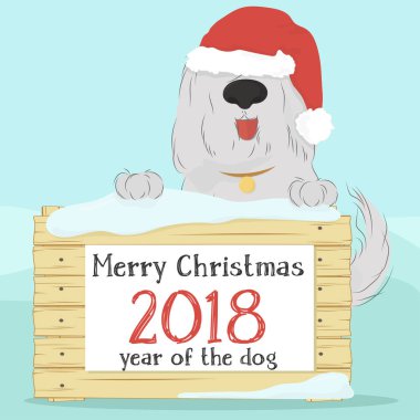 Köpek şapkalı Noel Baba Noel için bir şablon ahşap bir yüzeyle tutan istiyor