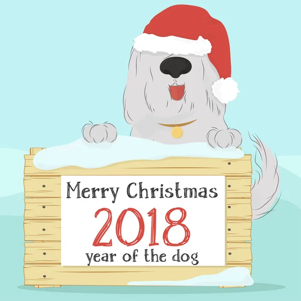 Pies w czapkę Mikołaja gospodarstwa powierzchni drewnianych z szablonu na Boże Narodzenie życzenia — Wektor stockowy