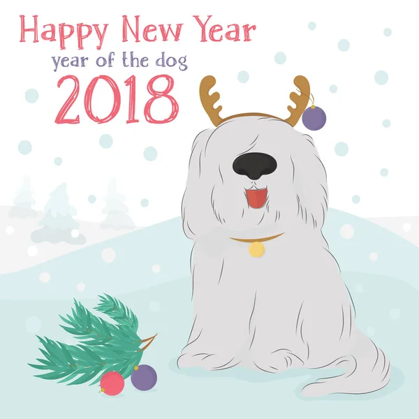 Shaggy cane con una renna decorativa e palle di Natale . — Vettoriale Stock