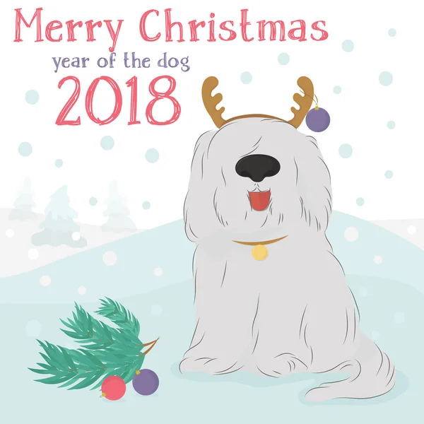 Dekoratif bir Ren geyiği ve Noel topları ile tüylü köpek. — Stok Vektör