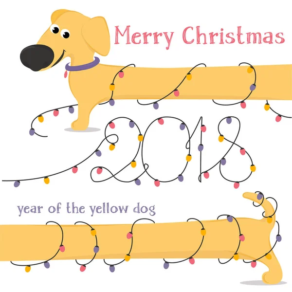 Kartki świąteczne z kreskówki żółty pies jamnik i Boże Narodzenie światła. — Wektor stockowy