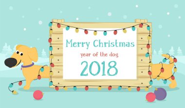 Noel kartı ile karikatür sarı köpek Dachshund ve Noel ışıkları.