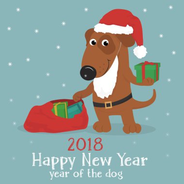 Noel kartı ile sevimli bir köpek Noel Baba şapkası ve hediyeler