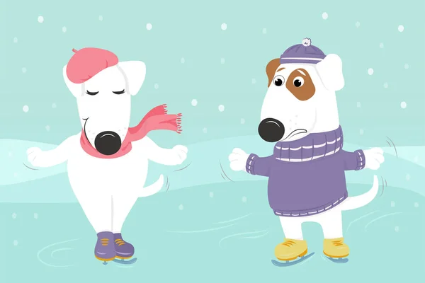 Perros con ropa patinan bajo la nieve . — Vector de stock