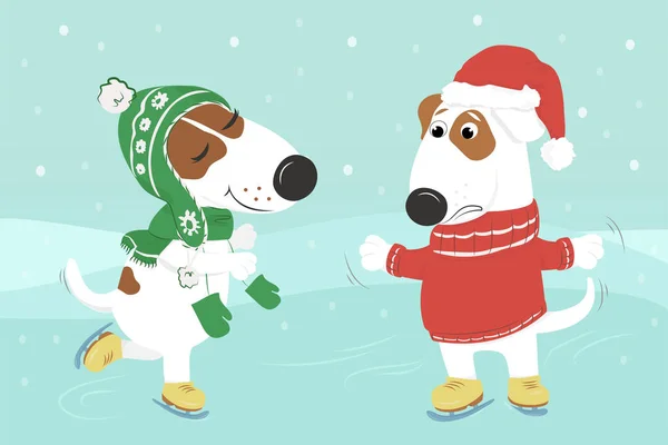 Perros con ropa patinan bajo la nieve . — Vector de stock