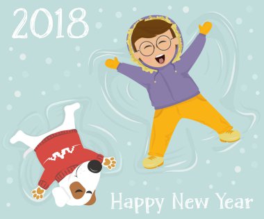 Çocuk ile a köpek içinde belgili tanımlık kar ve yapmak bir kar melek yalan.