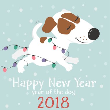 Komik beyaz köpek ve Noel ışıkları.