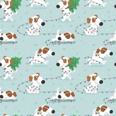 Komik beyaz köpek ve Noel ışıkları ile desen.