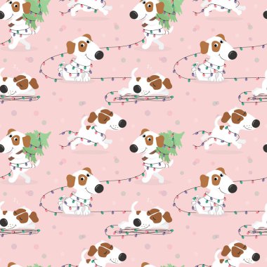 Komik beyaz köpek ve Noel ışıkları ile desen.