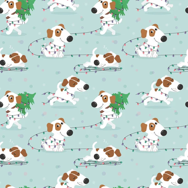 Komik beyaz köpek ve Noel ışıkları ile desen.
