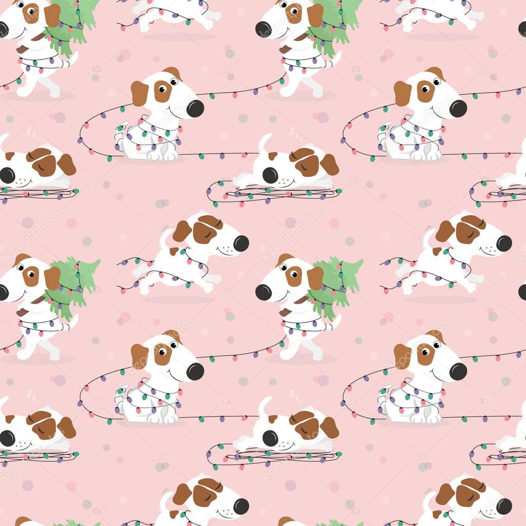 Pattern with funny white dog and Christmas lights.