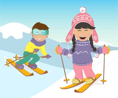 Kız ve erkek dağda Kayak.