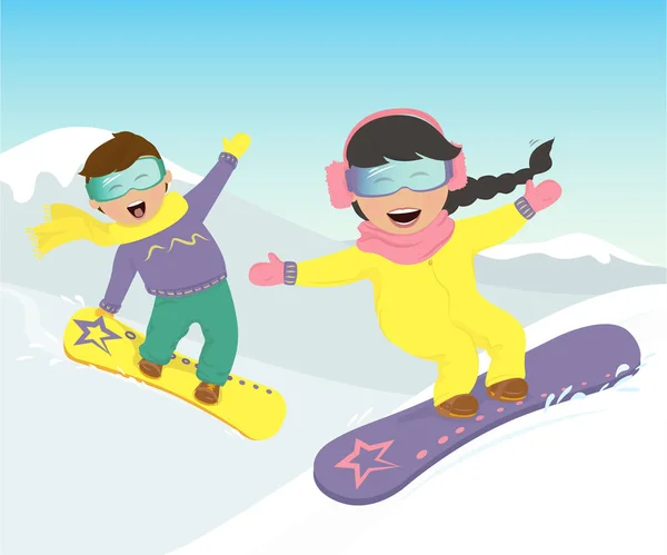 Niña y un niño haciendo snowboard en las montañas . — Archivo Imágenes Vectoriales