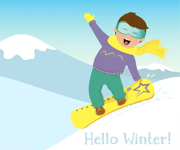 Niño snowboard en las montañas . — Vector de stock