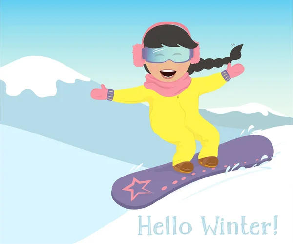 Menina snowboard nas montanhas . — Vetor de Stock