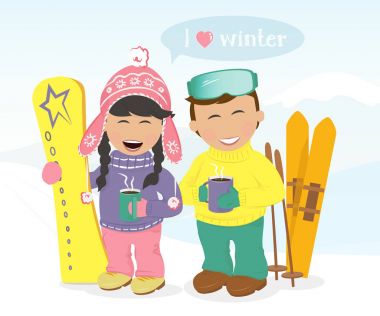 Erkek ve kız Kayak ve snowboard kahve içme ile.