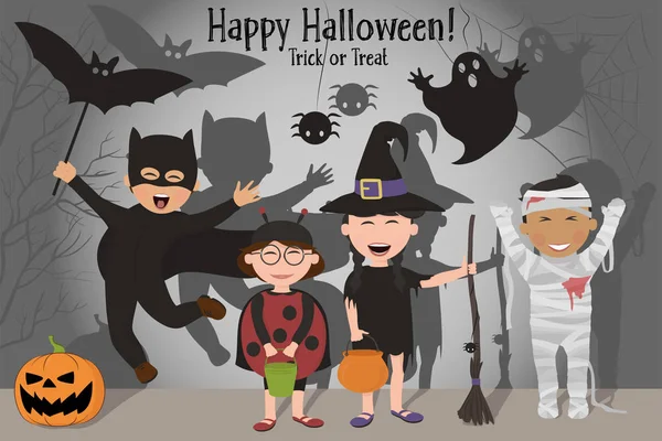 Enfants en costumes célébrant Halloween . — Image vectorielle