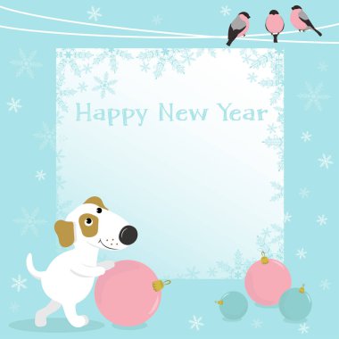 Komik köpek ve Noel topları ile Noel kartı.