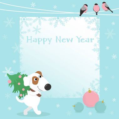 Komik köpek ve Noel topları ile Noel kartı.