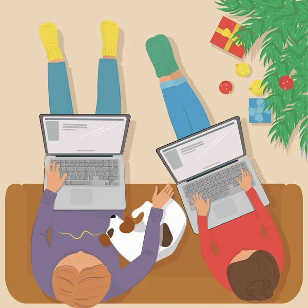 Vrouw en man aan het werk op laptop thuis bij de kerstboom. — Stockvector