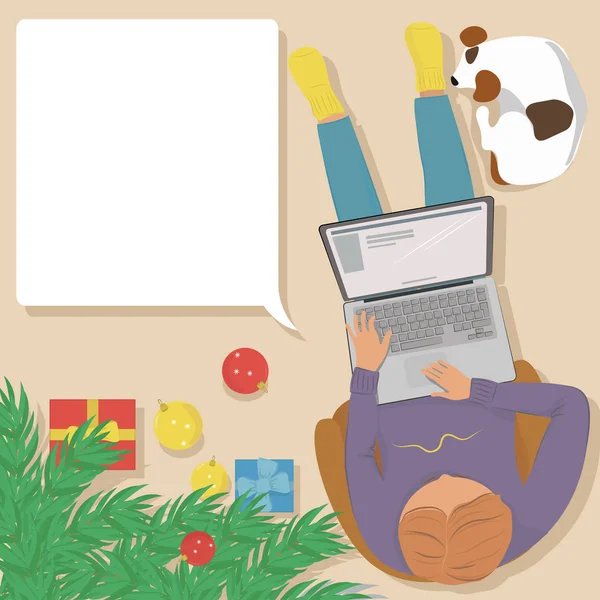 Mand, der arbejder på laptop derhjemme på juletræet . – Stock-vektor