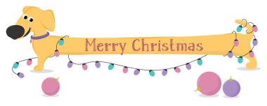 Noel kartı ile karikatür sarı köpek Dachshund ve Noel ışıkları.