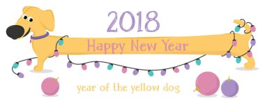 Noel kartı ile karikatür sarı köpek Dachshund ve Noel ışıkları.