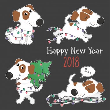 Sevimli çizgi köpekler ve Noel ışıkları.