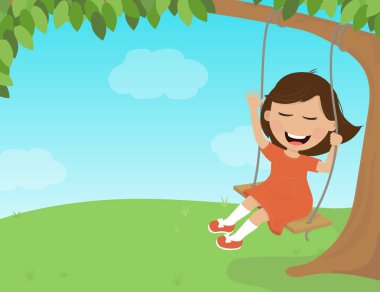 Kız gülüyor ve ip salıncakta rides.