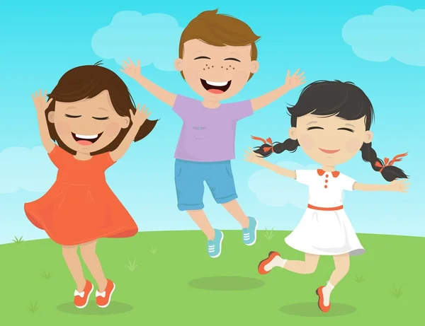 Chicas alegres y un niño sonriendo y saltando . — Archivo Imágenes Vectoriales