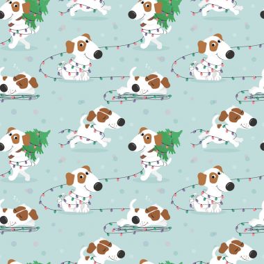 Komik beyaz köpek ve Noel ışıkları ile desen.