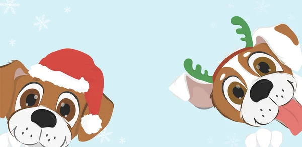Noel kartı köpeklerle karikatür Ren geyiği boynuzları ve Santa şapka ile.