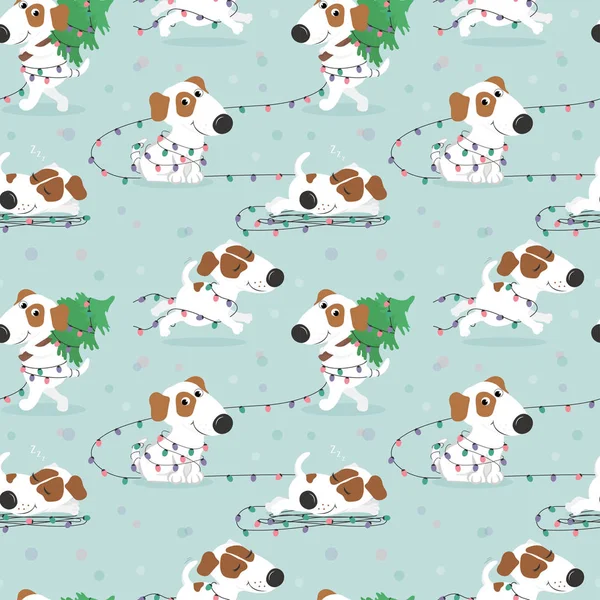Muster mit lustigem weißen Hund und Weihnachtsbeleuchtung. — Stockvektor