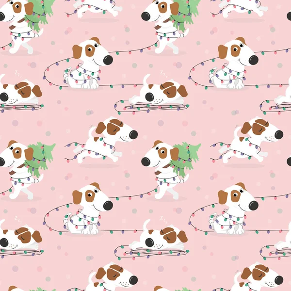 Komik beyaz köpek ve Noel ışıkları ile desen.