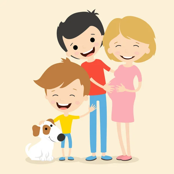 Retrato de una familia joven y feliz. Padre, madre embarazada e hijo con perro. Ilustración vectorial de diseño plano . — Archivo Imágenes Vectoriales