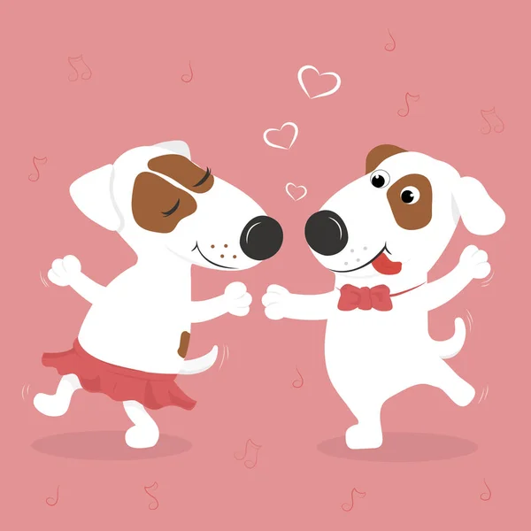 Şirin sevgi dolu beyaz köpek dans. Pembe bir arka plan ve kalpleri. Vektör çizim.