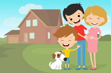Yeni bir ev ve arka plan üzerinde mutlu bir genç aile portresi. Baba, hamile anne ve oğlu ile köpek.
