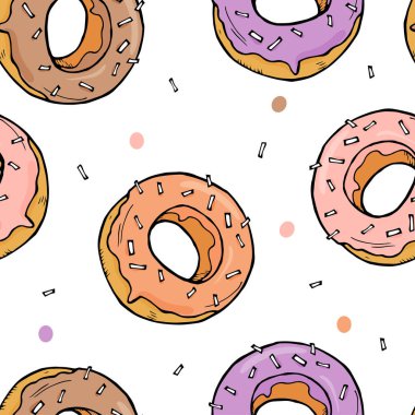 Lezzetli donuts desenle. Pembe bir arka plan üzerinde parlak şık tatlılar. Vektör çizim kroki tarzı.